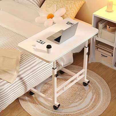 Bàn làm việc đứng có thể điều chỉnh độ cao, có bánh xe, khung sắt chắc chắn, bàn làm việc tại nhà rộng rãi, phù hợp sử dụng trên ghế sofa - Mặt bàn bằng gỗ màu trắng, bề mặt được sơn.