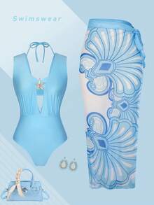 Swim Oasis Women's Hollow-Out Starfish Decor One-Piece Swimwear Set With Tie-Up Textured Mesh Maxi Skirt, Vintage Bohemian Beach Vacation Style - Multicolor - View 2