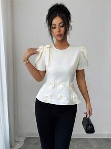 Selianne Asymmetrical Floral Bow Petal Sleeve Blouse,Pearls Decor Waist Linen-Like Fabric Top For Women,Off-White,Summer,Elegant,Tea Party 3d Flower - Apricot - View 3
