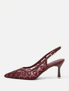 CUCCOO HITCHD Spring And Autumn Burgundy Mesh Embroidered Sequin Pointed Toe Thin Heels Sexy And Elegant Women's High Heels Shoes - Burgundy - View 9
