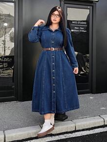 SHEIN ICON Plus Size Denim Sundress, Fashionable Suitable For Summer Fall Cloth For Women - Medium Wash - View 1