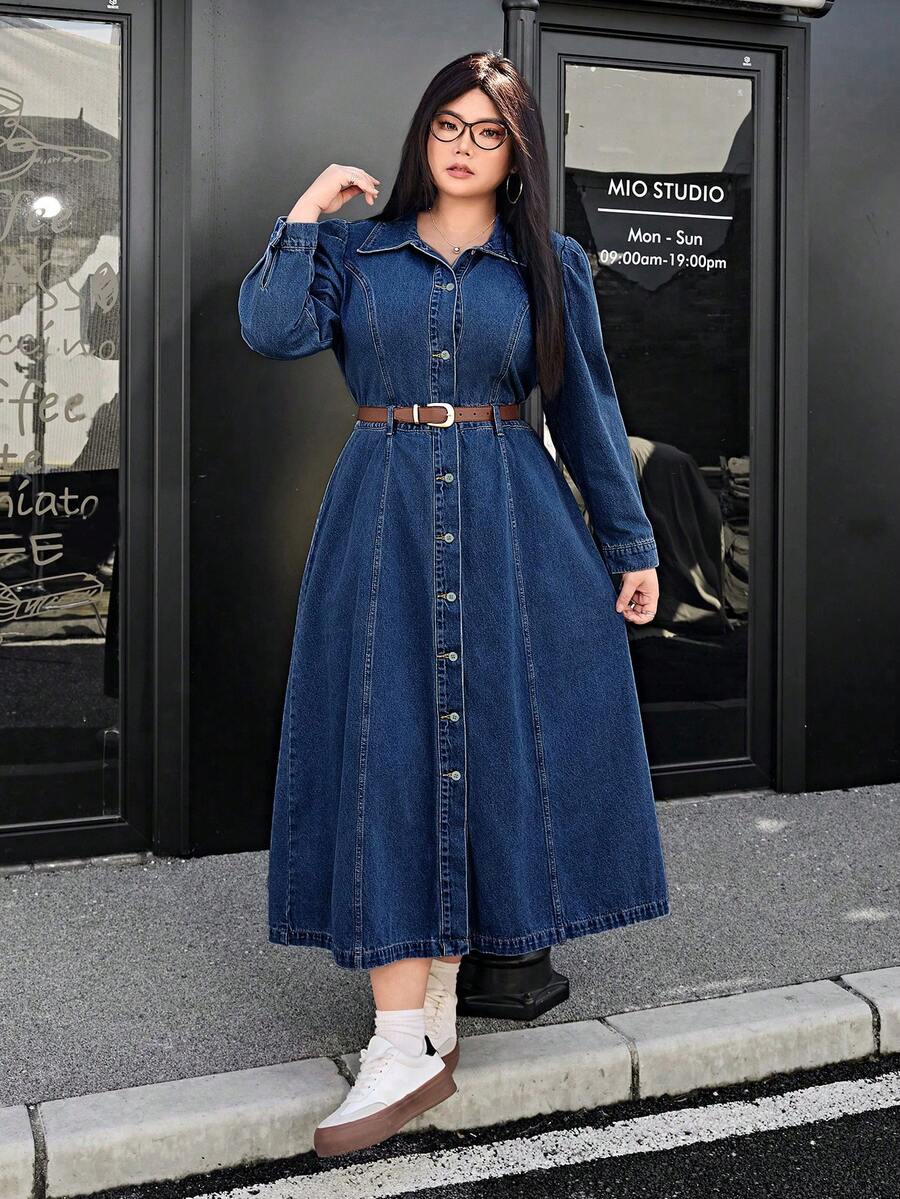 SHEIN ICON Plus Size Denim Sundress, Fashionable Suitable For Summer Fall Cloth For Women - Medium Wash - View 1