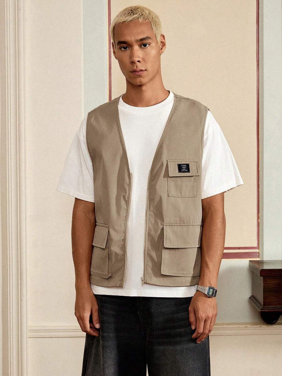 SWAVVY 男士休闲百搭拉链口袋背心，适合日常穿着 - 駝色 - 查看 1