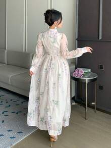 DAZY Women's Textured Fabric Printed Loose Dress With Stand Collar, Vacation Style - Pink - View 3