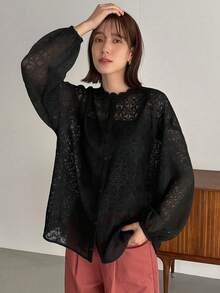 FRIFUL Women's Solid Color Sheer Lace Textured Fabric Collar Splice Lace Trim Long Sleeve Loose Casual Versatile Blouse, Spring/Summer - Black - View 6
