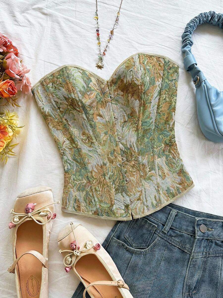 Soleia Áo croptop quây ngực kiểu cung đình cổ điển dành cho nữ, in họa tiết hoa jacquard nhiều màu sắc, có cúc và dây buộc phía sau. - màu xanh lá - Xem 1