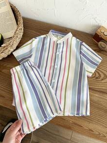 LMoss Kids Young Boy Striped Print Short Sleeve Shirt And Shorts Set,Kids 2 Piece Retro Colorful Button Down Stripe Suit,Summer Beach Holiday Resort Wear - Multicolor - View 4