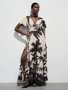 Aveloria Modichic New Fashion V-Neck Coconut Tree Double-Layer Cap Sleeve Stretch Coconut Tree Print Dress - Multicolor - View 3