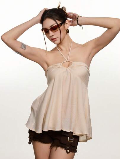 Rina Fox 女士纯色环饰露背吊带性感吊带衫