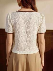 Vintamour 复古优雅女士针织上衣，提花刺绣纹理花卉撞色滚边纽扣，休闲通勤、度假、夏季、春假、情人节外出必备单品 - 米色 - 查看 5