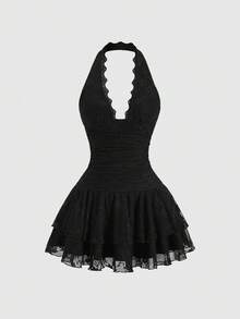Sweetra Y2K Sexy Lace Halter Elegant Sweet Pleated Chiffon Dress, Suitable For Commuting - Black - View 1