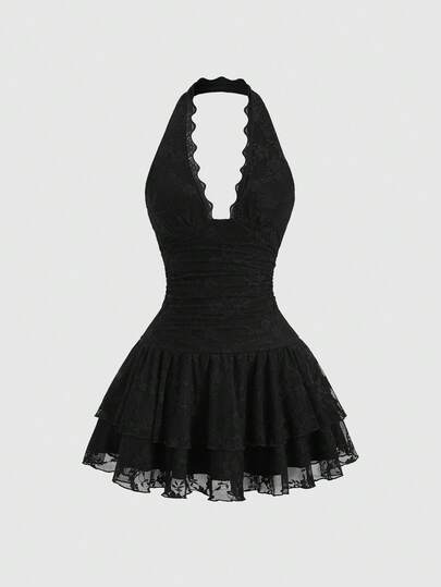 Sweetra Y2K Sexy Lace Halter Elegant Sweet Pleated Chiffon Dress, Suitable For Commuting