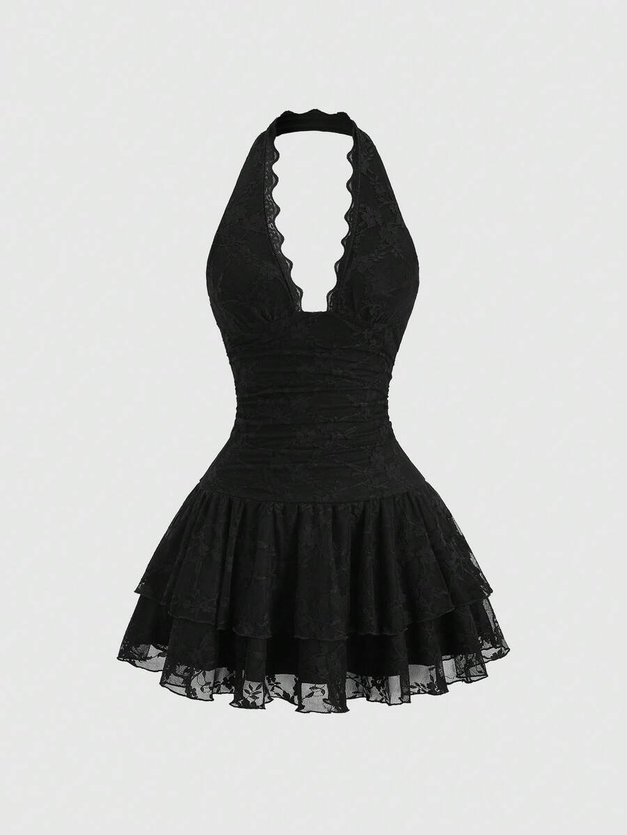 Sweetra Y2K Sexy Lace Halter Elegant Sweet Pleated Chiffon Dress, Suitable For Commuting - Black - View 1