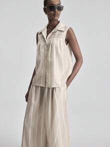 Ontre Women's Striped Single-Breasted Vest Shirt And Pants Casual 2 Pieces Set Women S Summer Co Ord New In Women Clothing - Apricot - View 5