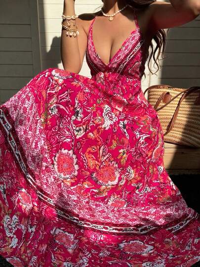 Sundraya Bohemian Pink Digital Print Fitted Waist Resort-Style Deep V-Neck Backless Tie-Waist Dress. Bohemian Style, Full Skirt, Perfect For Vacations, Islands, Parties, And The Beach.