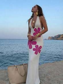 Aloruh Đầm len nữ thêu hoa phối viền tương phản đính hạt, lãng mạn cho kỳ nghỉ xuân/hè và hẹn hò. - Màu be - Xem 10