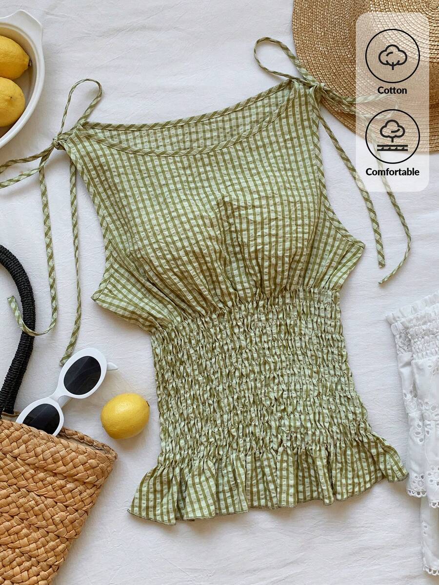 Comfortcana Áo tank top nữ bằng vải cotton kẻ caro màu xanh lá cây, kiểu dáng thường ngày, có dây rút ở vai và eo, thích hợp cho mùa hè, ngày Valentine, lễ hội, đi biển, kỳ nghỉ, mặc nhà, dạo phố, đi học. - màu xanh lá - Xem 1