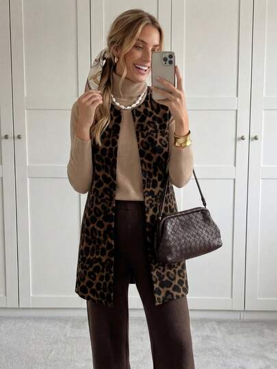 Easowa Chaleco tipo chaqueta casual de mujer con estampado de leopardo y cuello redondo, adecuado para otoño/invierno