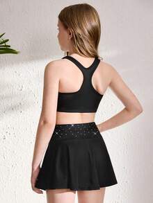 少女黑色背心裙套装 - 两件套高弹力运动服，饰有闪亮水晶，无袖运动服，适合舞蹈和体操训练、体操、啦啦队服，闪亮水晶装饰，内置安全短裤 - 黑色 - 查看 3