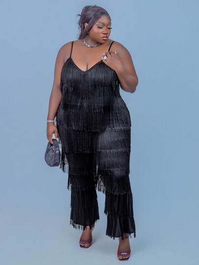 CurvyTilda 大码女式夏季纯色拼布流苏短款上衣和长款套装秋季黑色细肩带流苏背心和流苏喇叭裤派对装万圣节装