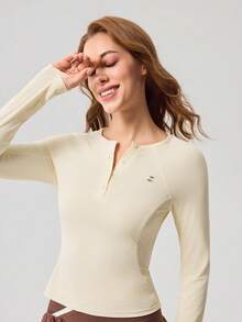 OutZeal Women Sports Tee Yoga Gym Wear Cool Touch Long Sleeve Henley Shirt - Apricot - View 8