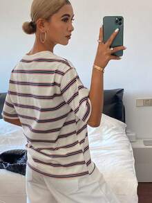 DAZY Casual Loose Striped Round Neck Short Sleeve T-Shirt, Summer Graphic Tees Women - Apricot - View 5