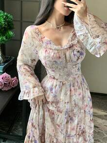 DAZY 女士方领收腰A字碎花优雅连衣裙 - 彩色 - 查看 7