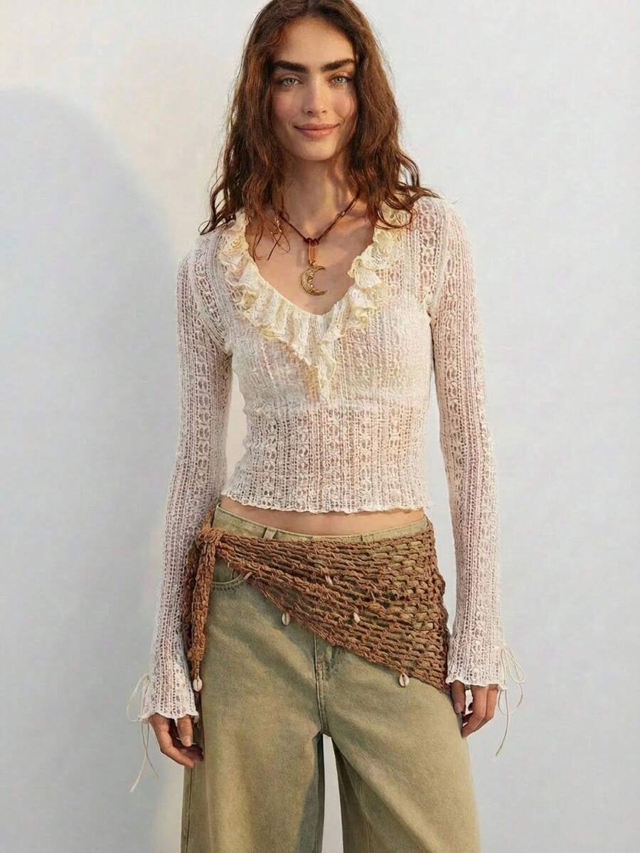 Easelle 复古波西米亚风荷叶边V领薄纱性感透气女式衬衫 - 米色 - 查看 1