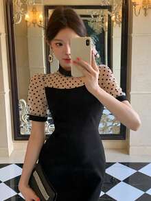 FRIFUL Women's Polka Dot Flocked Patchwork Heterogeneous Fabric Waist Cinched Ruffle Hem Long Sleeve Dress, Summer - Black - View 5