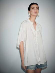 Lumivelle Women's Casual Fringe Ribbon Decor Lantern Sleeve Loose Blouse, Spring/Summer - White - View 4
