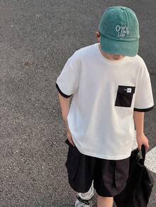 SHEIN 2pcs Tween Boy Black And White Contrast Color Block Pocket Round Neck Short Sleeve T-Shirt And Cargo Shorts Set,Back-To-School Summer Casual School - Black - View 4