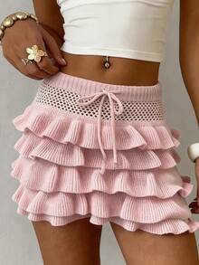Selianne Elegant Frill Trim Tie-Up Women's Hollow Out Knit Skirt, Spring/Summer - Pink - View 3