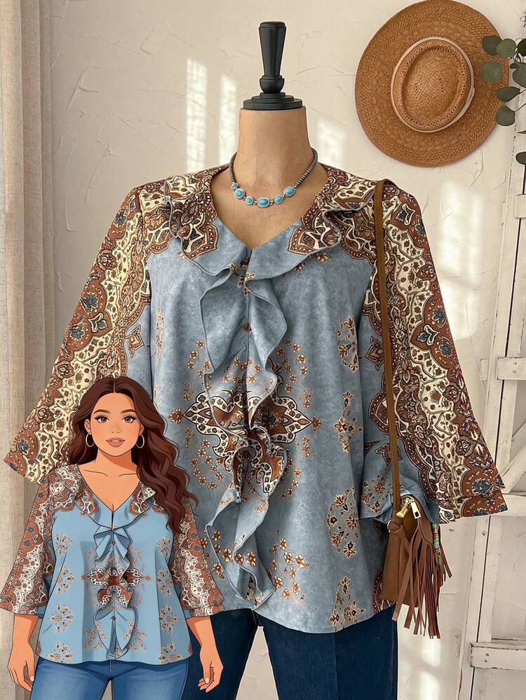 Plus Size Women's Vintage Casual Western Style Vacation Ruffle Trim 3/4 Sleeve Top/Summer Summer Top Summer Summer Spring Spring Women Spring Country Style For Women