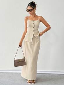 Ritzy Row Women's Linen Camisole And Midi Skirt Set, Fitted Silhouette, Elegant Elegant, Suitable For Street Style, Commuting, Outing, And Dating In Spring And Summer - Khaki - View 8