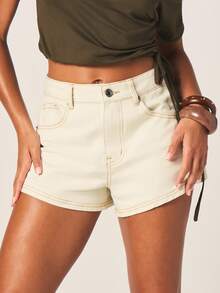 MISSGUIDED Short en jean écru taille haute pour femmes avec ourlet retroussé et poches latérales pour le port décontracté en été - Beige - Voir 1