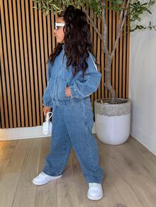 DAZY Young Girls Casual Striped Denim Top And Elongated Denim Pants Set - Blue - View 5