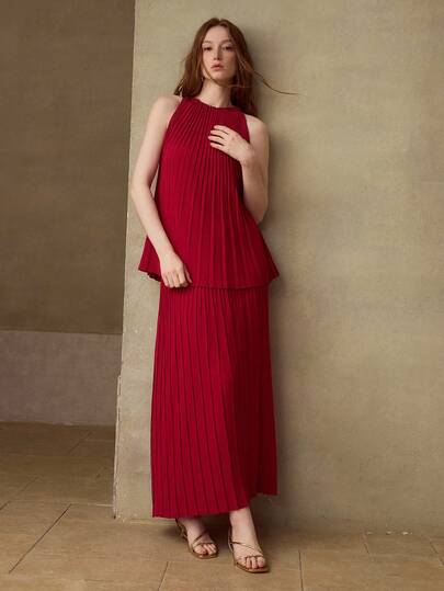 MOTF PREMIUM FRENCH STYLE ELEGANT RED KNIT TOP AND SKIRT SET FOR WOMEN