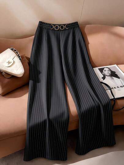 SHEIN Franclia Women's Striped Casual Versatile Wide Leg Pants For Daily Wear
