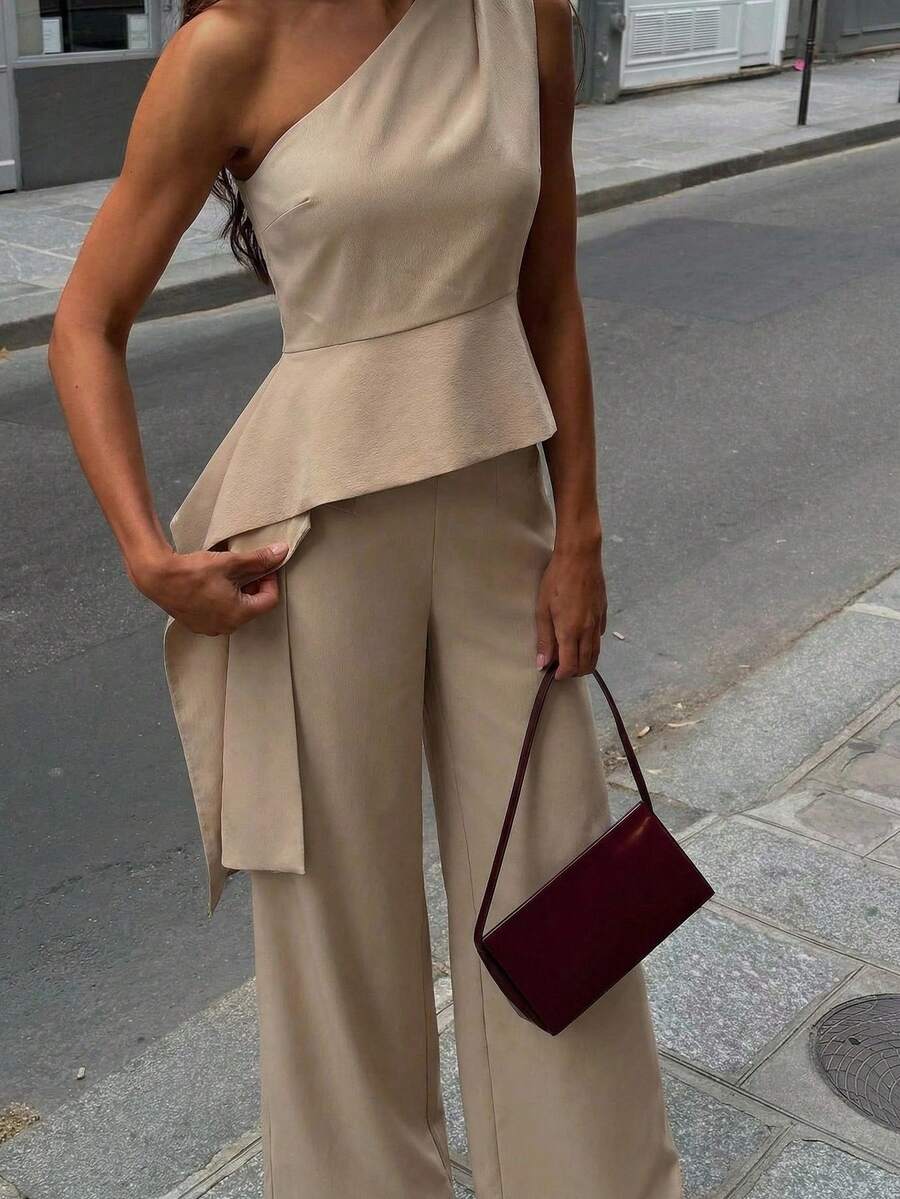 Firerie 女士优雅简约通勤休闲户外活动度假套装，不对称下摆修身衬衫搭配宽松直筒裤，两件套，适合工作、外出等场合，新款