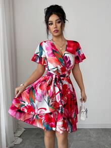 Elenzga White Floral Summer Boho Holiday Vacation Holiday V-Neck Ruffle Flare Sleeve Criss-Cross Bow Tie Multi-Layer Cake Skirt A-Line Puff Mini Dress - Multicolor - View 5