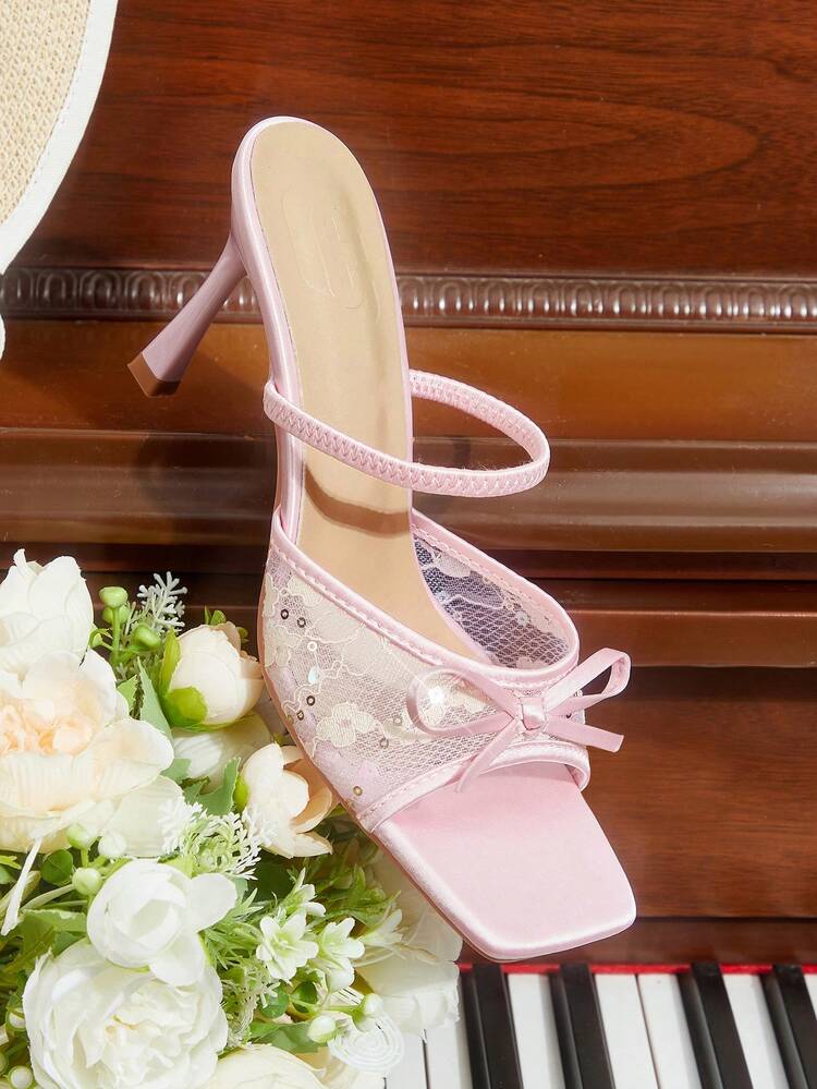 CUCCOO HITCHD Spring And Summer New Product Bow Mesh Lace Square Toe Stiletto Elegant Romantic Sexy Pink Lace Women's High Heel Sandals