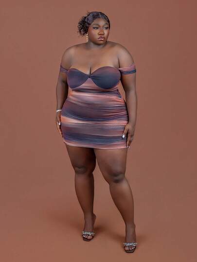 CurvyTilda 女式加大码度假针织网眼露肩紧身连衣裙