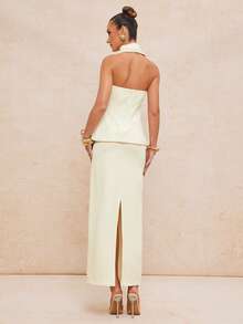 Lumalex Women's Elegant Apricot Sleeveless Cropped Top With Bow Tie Design + Women's Elegant Apricot Slit Fitted Skirt, Spring/Summer - Apricot - View 5