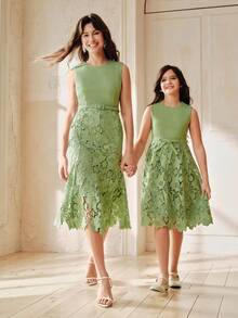 Anewsta 女童无袖蕾丝A字连衣裙，绿色，夏季款式无袖童装 - 綠色 - 查看 7