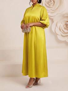 Fleurora 春夏优雅端庄派对婚礼鸡尾酒会音乐会/音乐节金色织缎立领舞会礼服荷叶边A字裙 - 黃色 - 查看 6