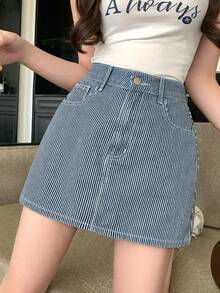 DAZY Falda vaquera recta y corta de rayas casuales para mujer, de verano - Azul lavado medio - Ver 5