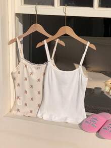 CovetEZ 两件套熊主题家居上衣套装，包含刺绣熊和印花熊图案，女士蕾丝拼接熊印花休闲吊带背心，漂亮上衣，两件装，夏季上衣，可爱上衣，夏季服装上衣 - 彩色 - 查看 2