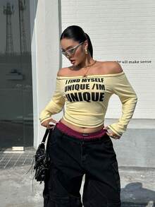 SHEIN EZwear 2026春夏新款休闲户外、派对、约会、生日、音乐节、返校、度假、情人节、新年等多种场合穿着，可叠穿露肩黑色字母印花弹力针织黄色加大码T恤 - 黃色 - 查看 4