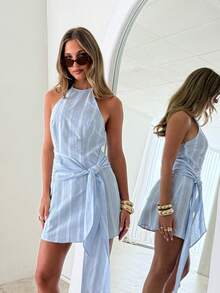 Siren Gaze Women's Striped Tie-Waist Casual Halter Mini Dress Elegant Sleeveless Halter Neck Frill Trim Striped Vacation Dress, Spring/Summer Ocean Style Dress, Tied Waist Women Mini Dress, Boho Inspired Women Skirt, Easter Women Fashion, Blue & White Striped Ruffle Hem Sleeveless Round Neck Women Mini Dress Vacay Outfits Women Women Summer Clothes Teacher Outfits For Women Blue And White Striped Dress Summer Dress Casual Summer Dress Ruffle Hem Dress Sleeveless Summer Dress Women Outfits Teacher Outfits Boho Striped Halter Neck Ruffled Hem Mini Dress Cute Sundress - Multicolor - View 4