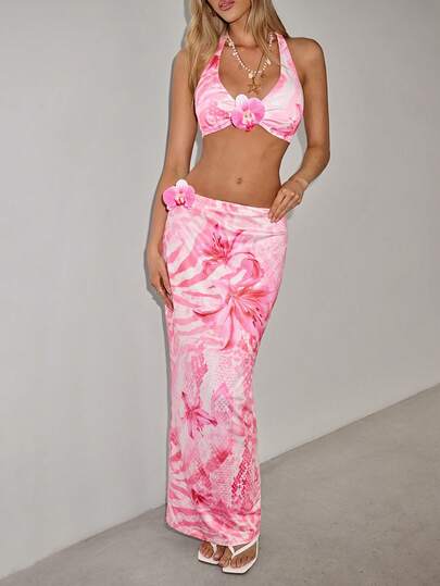 SHEIN ICON Women 3D Floral Decor Tie-Up Blouse And Mini Skirt Set, Fashionable For Party And Gathering